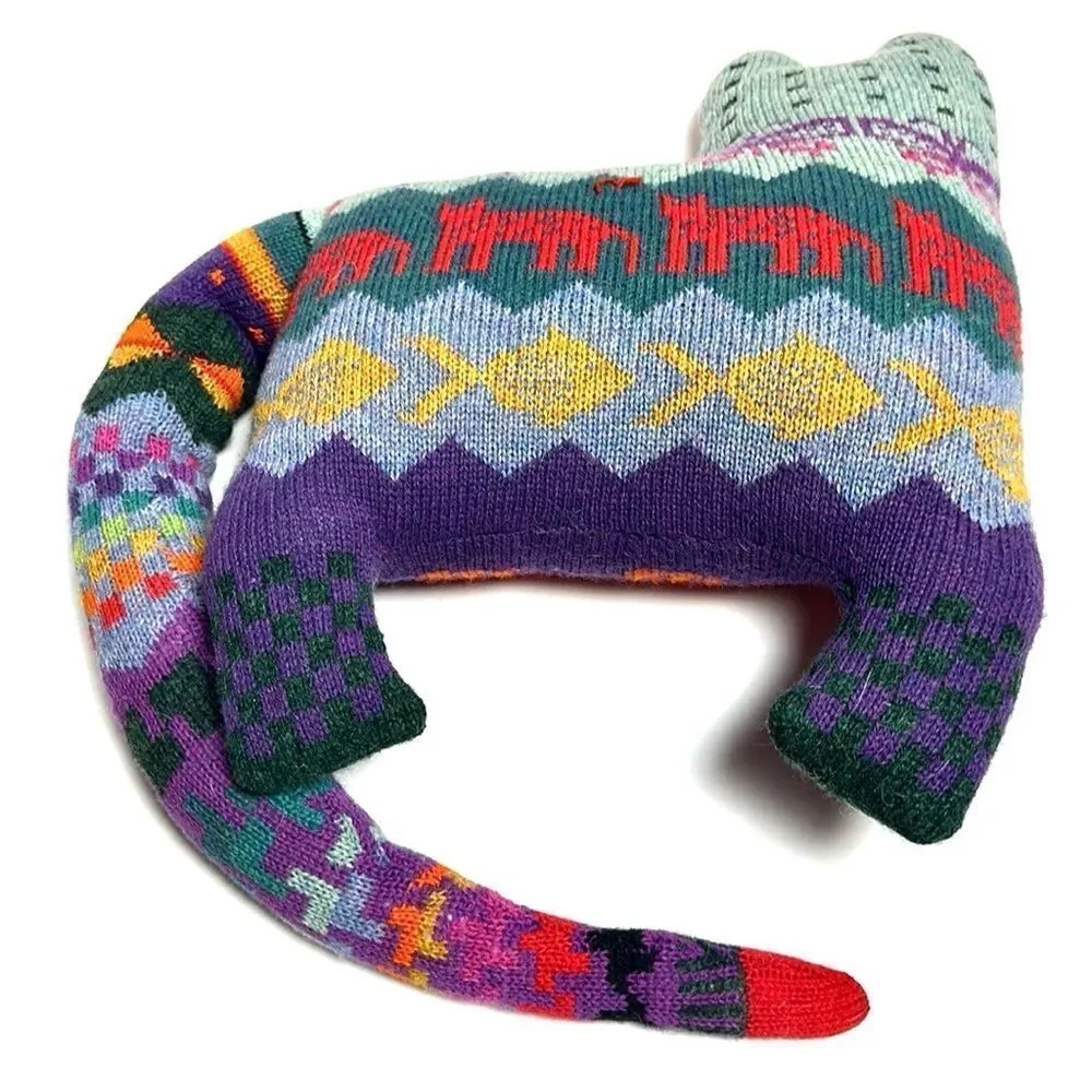 Pair Vintage 1986 Handloomed Wool Folk Art Cat Pillows Soft Sculptures Signed